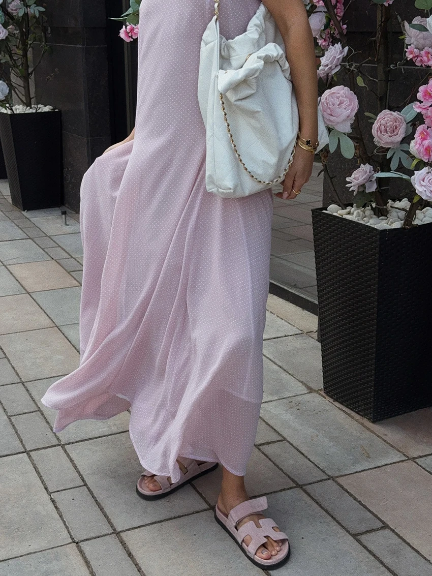 Marthaqiqi Elegant Ladies Sleepwear Halter O-Neck Nightie Sleeveless Nightwear Backless Pajama Ankle-Length Dress Pink Nightgown