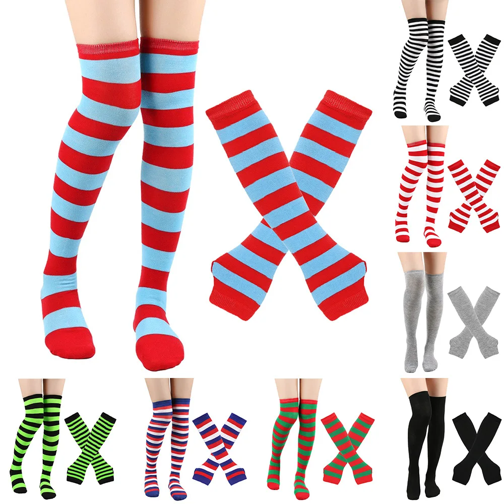 Striped Arm Sleeve And Stocking Set For Women Colorful Knee High Tube Socks Punk Style Long Arm Cosplay Clothing Accessories