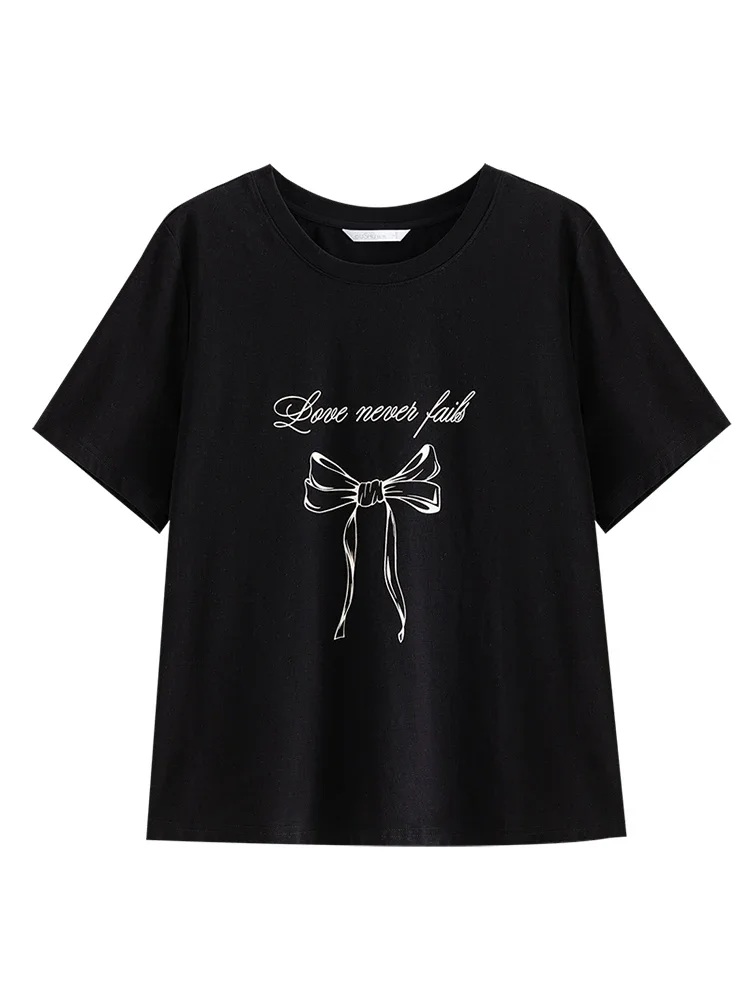 DUSHU Bow Print Women Round Neck T-Shirts White Simple Short Sleeve Tees Women Black Front Shoulder Loose T-Shirt 24DS82037