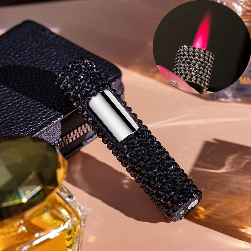 

High End Crystal Studded Diamond Lighter with Windproof Red Flame Design Double-sided Press Lighter Women's Smoking Gift