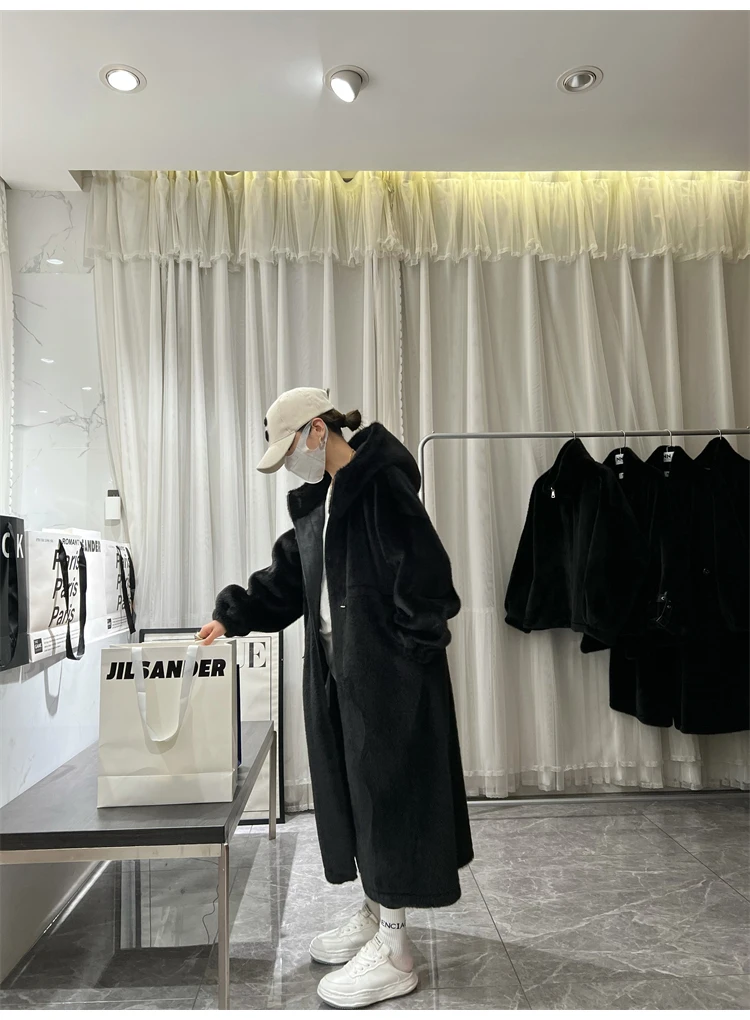 Lautaro Winter Long Oversized Warm Thick Blue White Fluffy Faux Fur Coat Women with Hood 2022 Loose Casual Korean Style Fashion