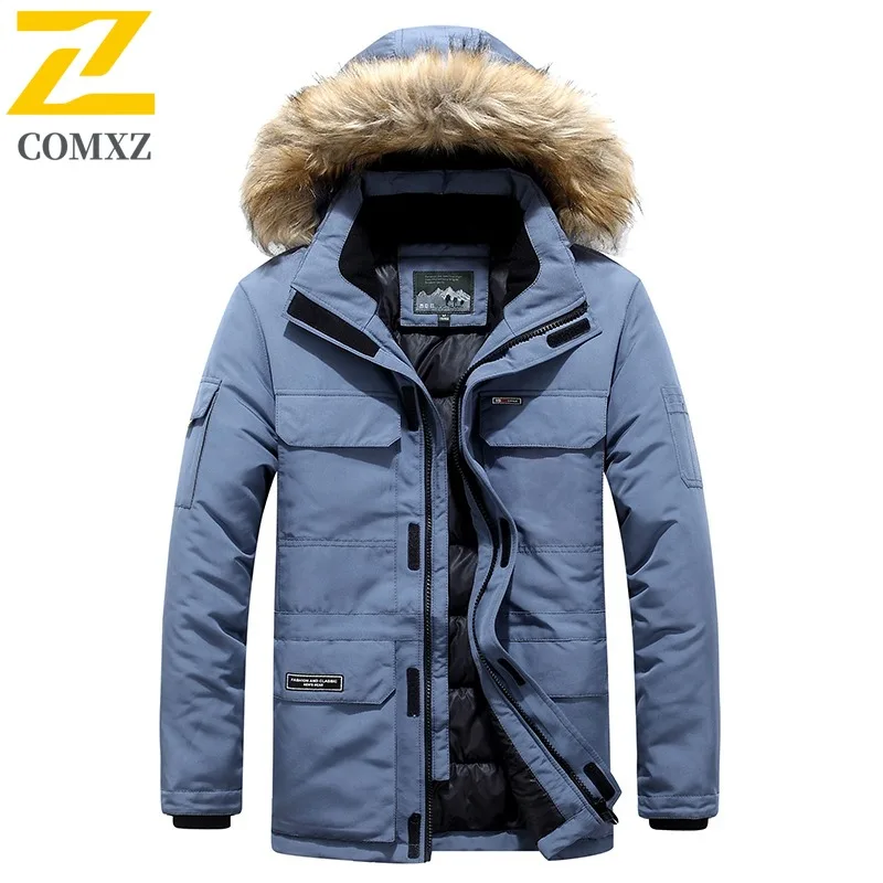 COMXZ 2025 Men Cotton-Padded Lined Fleece Hooded Jacket Winter Thickened American Style Windproof Thick Warm Outdoor Sports Coat