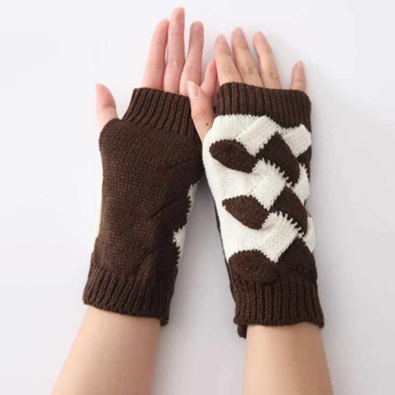 Autumn Winter Bamboo Woven Flower Color Matching Short Wool Finger Gloves Men Women Knitted Half Finger Warm Arm Cover Soft