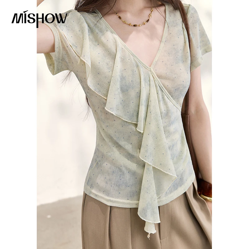MISHOW Fashion 2026 Summer Gradient Blue Green Blended Polka Dot T-Shirt Women's V-Neck Ruffles Edge Slimming Top MXF27T1661