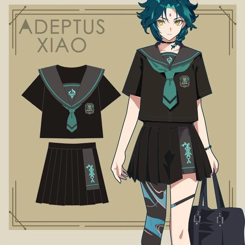 

Anime Genshin Impact Xiao Cosplay JK Uniform T-Shirt Tops and Pleated Skirt Cute Sailor Suit Set Costume Girl Casual Streetwear