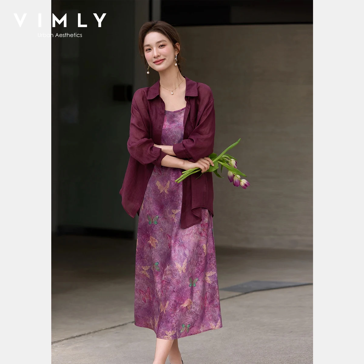 

VIMLY Women's Elegant Dress Sets 2026 Spring New Ramie Shirt Butterfly Print Satin Camisole Dress Casual Two-Piece Set A5081