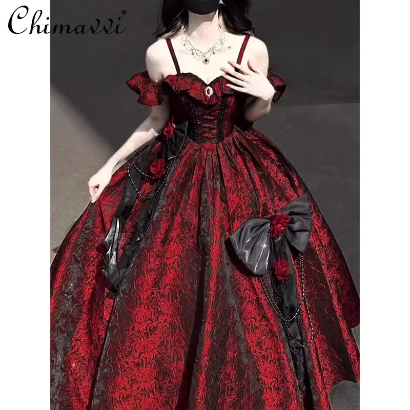 Preto e vermelho lolita flor casamento lindo vestido de aniversário lolita elegante princesa cintura alta elegante festa vestido longo feminino