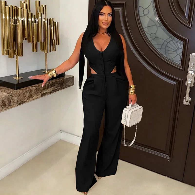 Sexy V-neck Club Party Outfit Woman Jumpsuits and Rompers Sleeveless Hollow Out Single-breasted One Pieces Overalls Combinaison