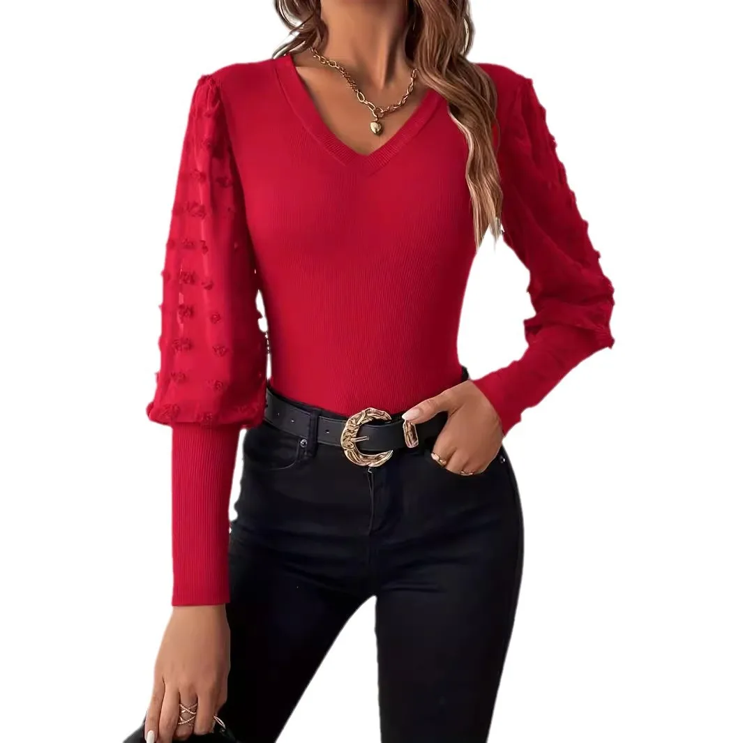2025 Elegant Ribbed V Leader Chiffon Splicing Long Sleeve Solid Color T-Shirt Skinny Top Women's Slim CW68501