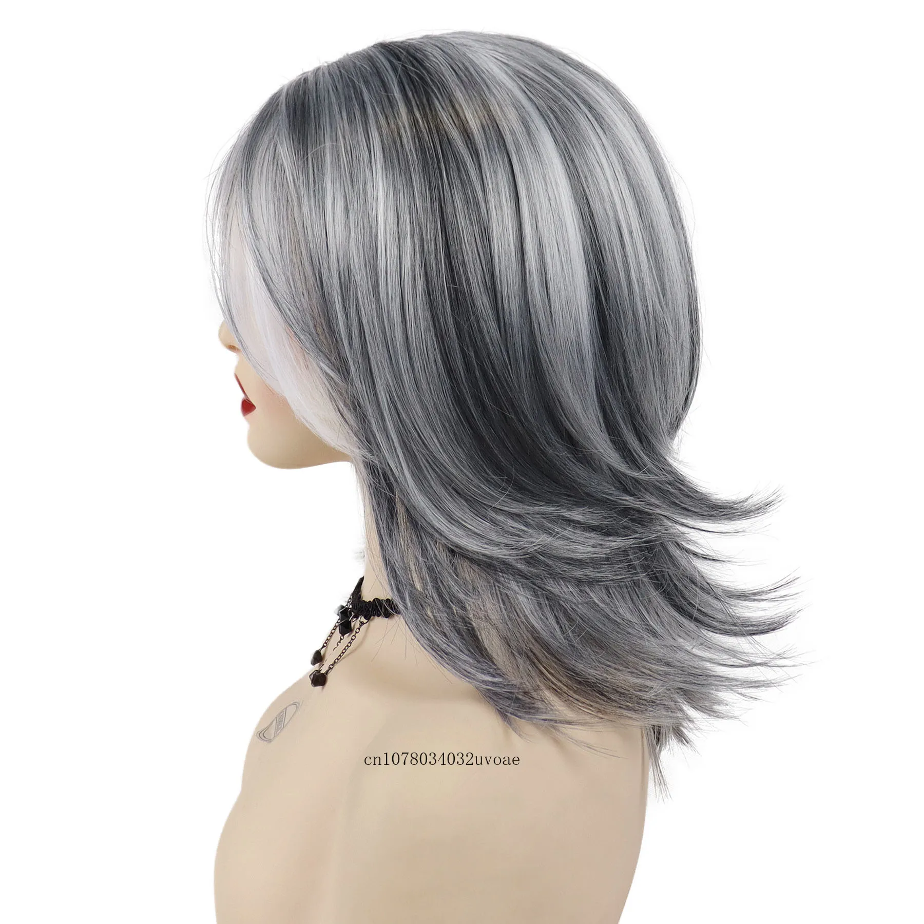 Silver Fox Synthetic Wigs for Women Long Hair Old Lady Wig Layered Hair with Curtain Bangs Mix Grey Color Natural Wigs for Daily