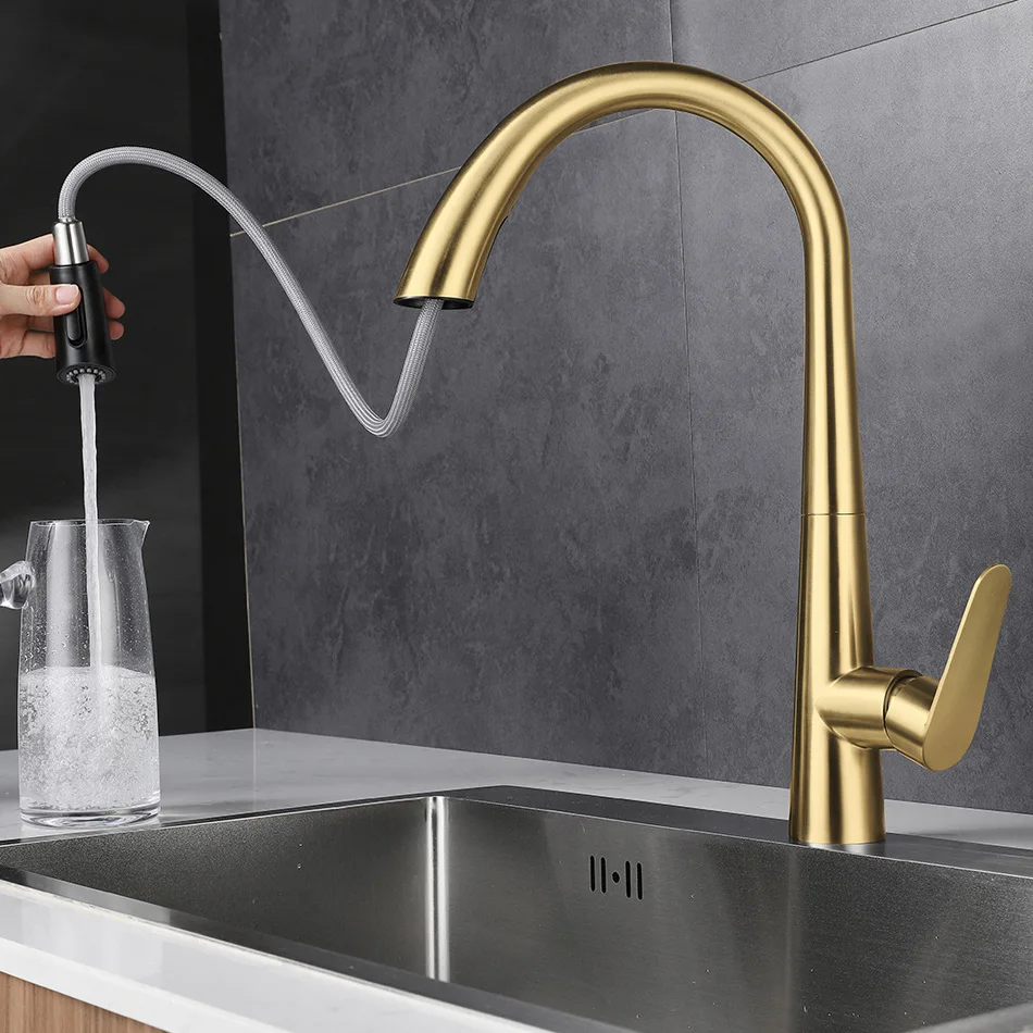 

Pull Out Kitchen Sink Faucet Gold 304 Stainless Steel Black Sliver Hot and Cold Water Saving Mixer Tap Basin Sprayer Faucets