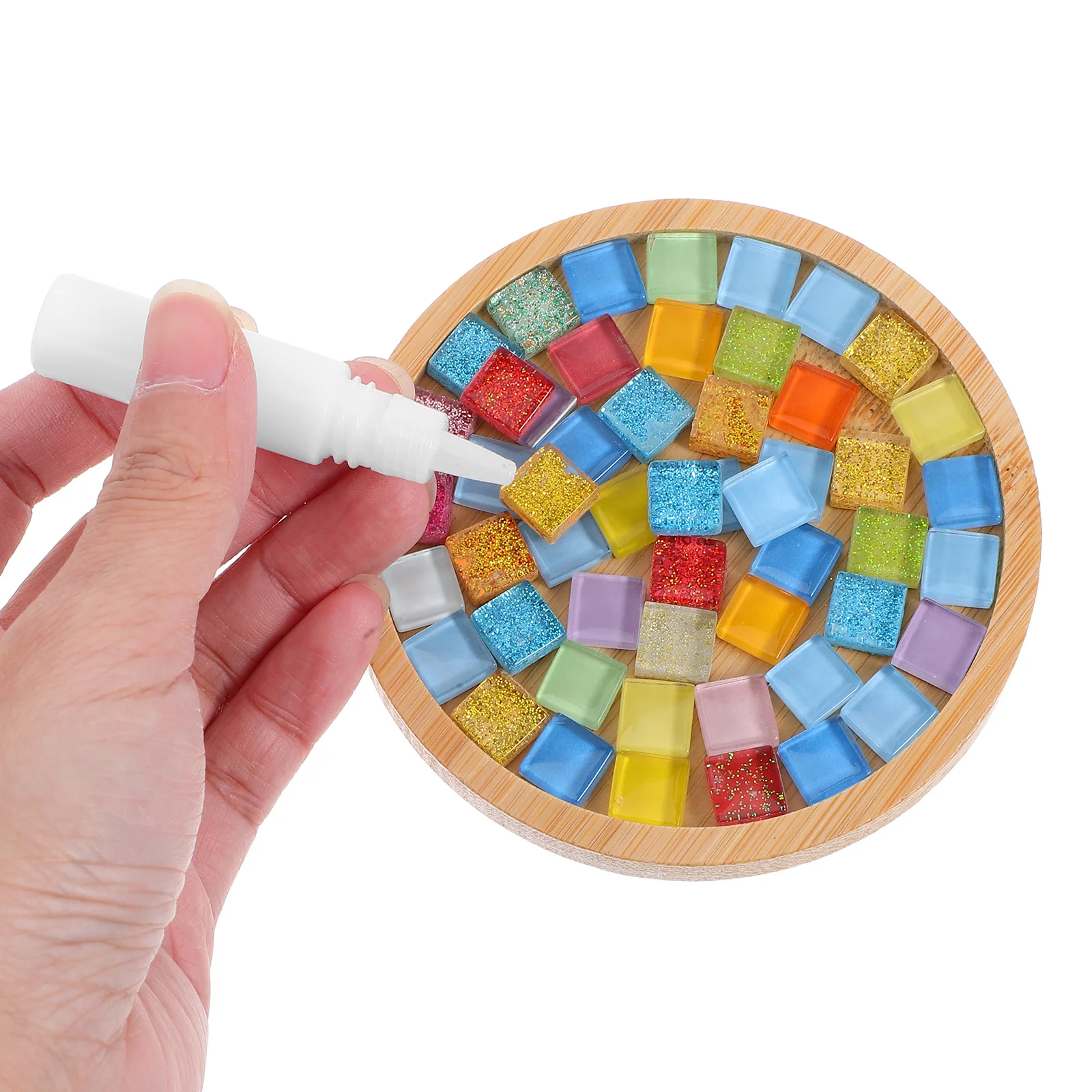 

4Sets DIY Coaster Kit Glass Acrylic Mosaic Colorful Tiles Bamboo Base Handmade Craft Supplies for Creative Tile Art Projects