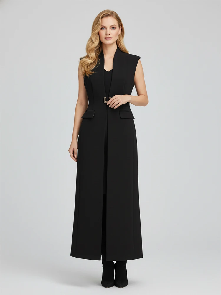 

UOOZEE Women's Black Sleeveless Long Vest Coat 2026 New Spring High Neck Buckle Formal Trench Coats Office Elegant Outerwear