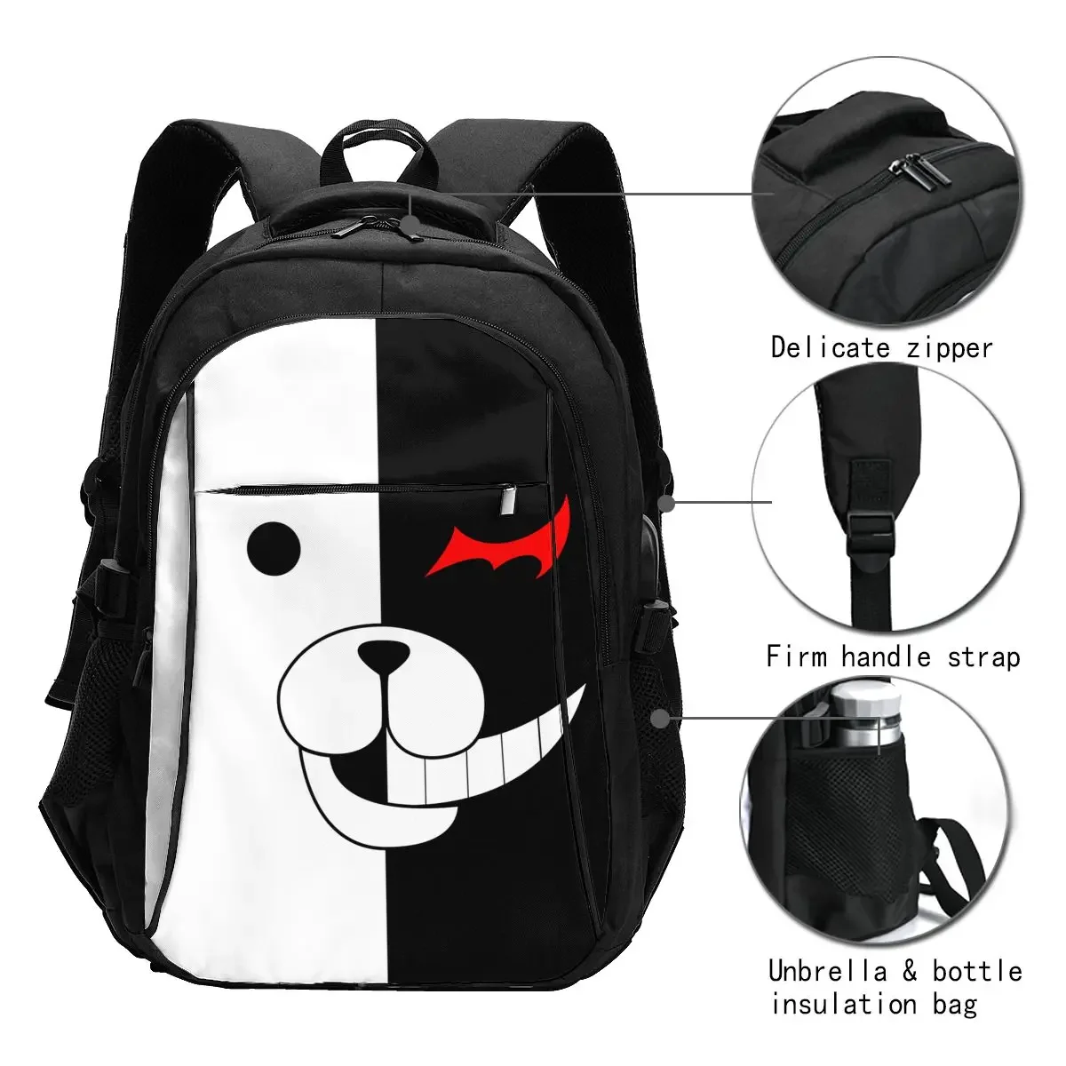 Danganronpa Monokuma Travel Laptop Backpack, Business Water Resistant Laptop Backpack with USB Charging Port, College Bag