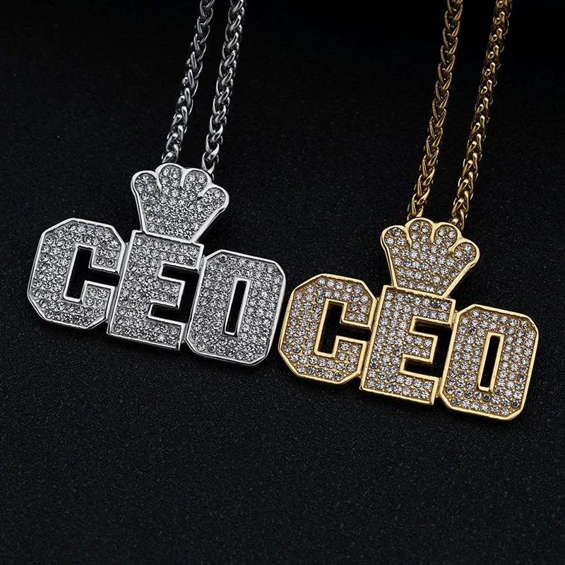 Hip Hop Bling Iced Out Solid Stainless Steel Crown BOSS CEO Pendants Necklaces for Men Jewelry Drop Shipping