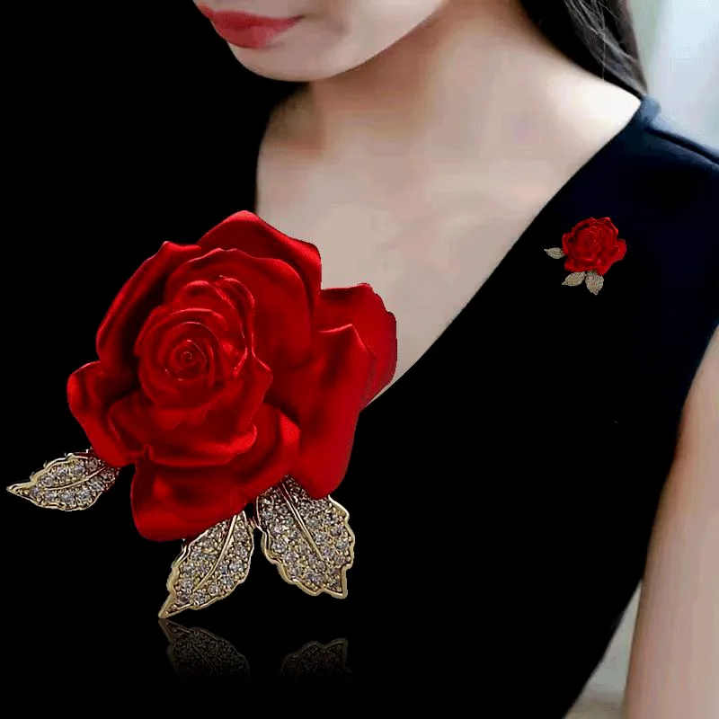 Luxury Rhinestone Red Rose Flower Brooches for Women Unisex Elegant Enamel Rose Plants Brooch Pins Party Office Jewelry Gifts