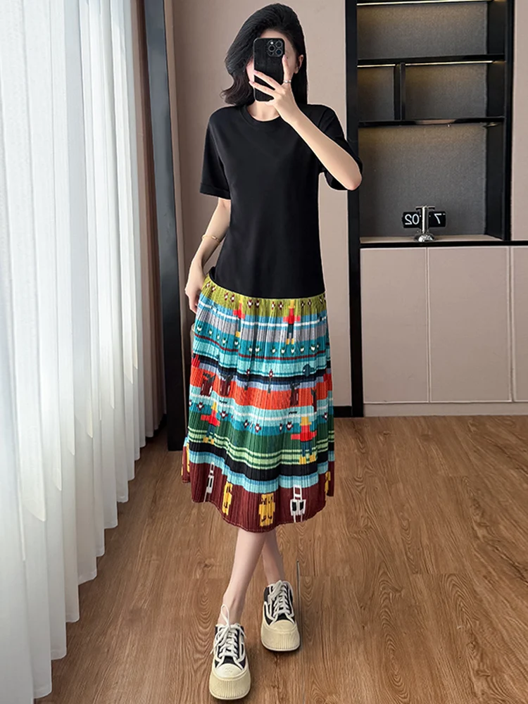 NYFS 2025 الكورية نمط المرأة فستان صيفي فضفاض حجم كبير الربط طباعة هيم قصيرة الأكمام فستان طويل رداء Elbise