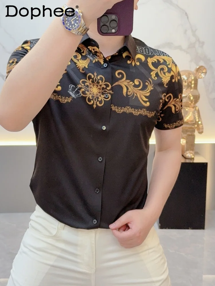

2025 Summer Fashion Heavy Industry Printing Slim-fitting Thin Shirt Fashion Trendy Men Casual Lapel Handsome Short Sleeves