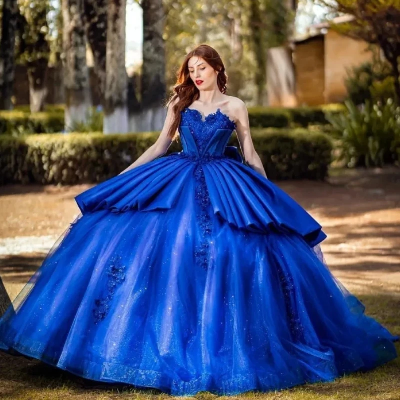 

Royal Blue Tiered Quinceanera Dresses Glitter Princess Vestidos De 15 Novia Lace Appliques Beaded Sweet 16 Birthday Prom Gowns