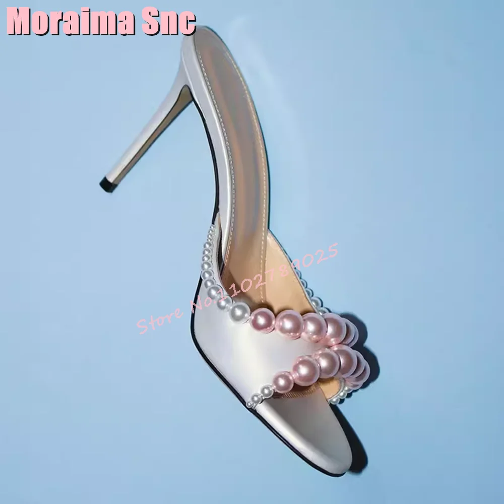 

Pearl Satin Round Open Toe Slippers Stiletto High Heel White Solid Fashion Sexy Women Shoes Summer 2024 Newest Outdoor Slip On