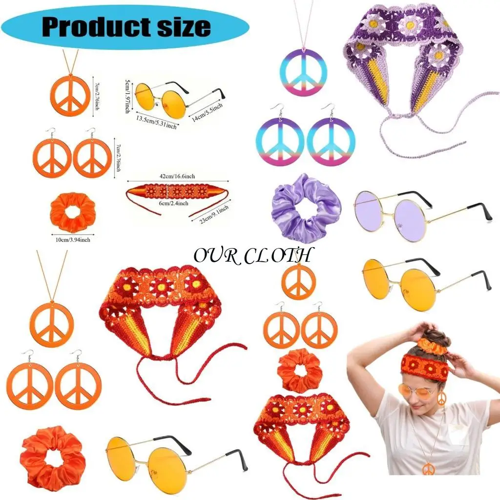 

1970s Hippie Costume Jewelry Accessories Knitted Headband Necklace Earring Y1AC