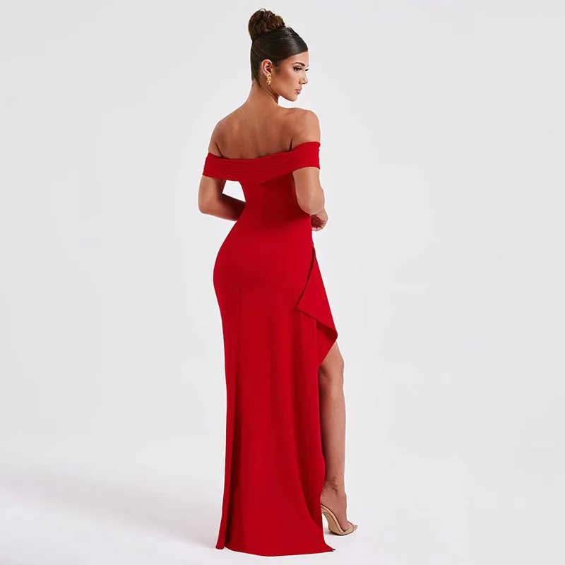 Elegant Evening Dress Pure Color Off-Shoulder Women\'s Sexy High Waist Side Slit Long Dress Formal Women\'s Party Evening Dress