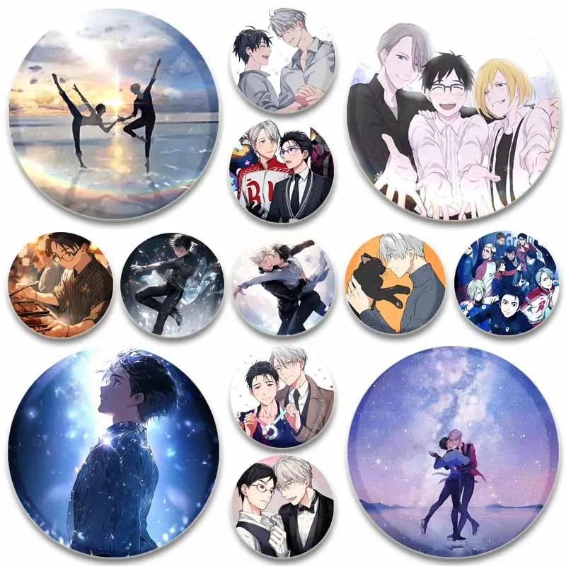 YURI!!! on ICE Tinplate Pins Round Cartoon Brooches for Backpack Cothes Accessories BL Anime Collection Badge Decoration Gift