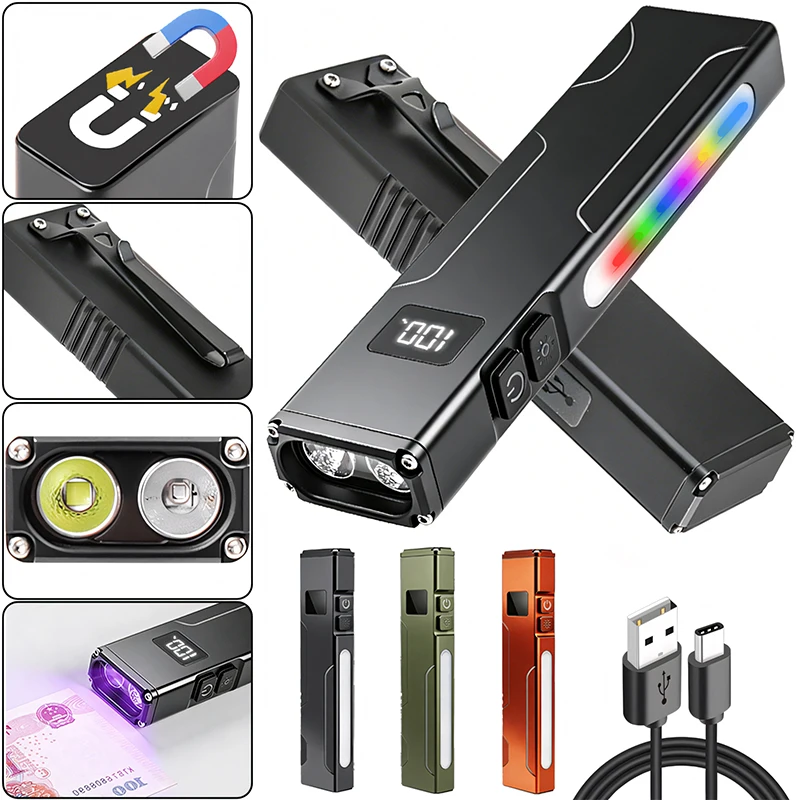 Multifunctional EDC Work Light Magnetic UV Light RGB Side Light Pen Clip Waterproof Torch for Outdoor Daily Carry Camping Hiking