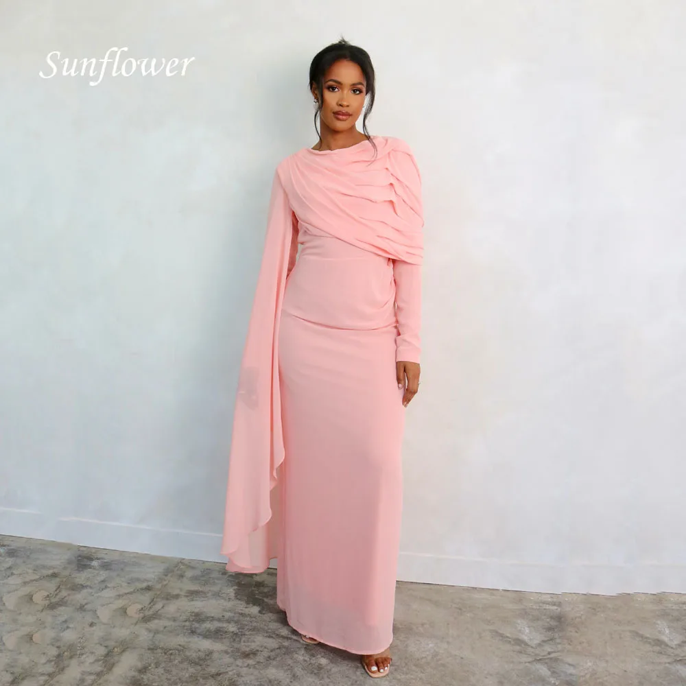 Sunflower Pink Chiffon Arabic Dubai Women Party Dresses Long Sleeves Pleated Sheath Floor Length Formal Prom Dress Evening Gowns