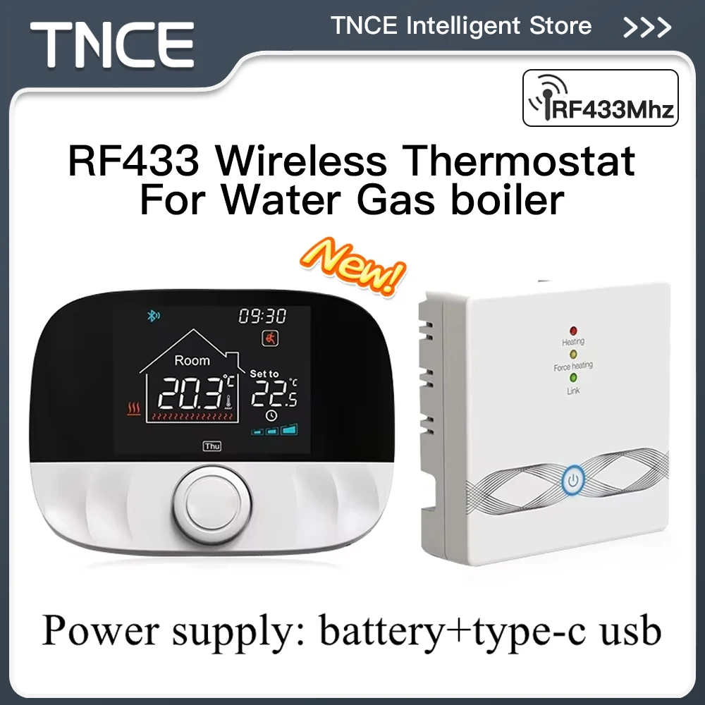 TNCE RF433 Wireless Thermostat for Water Gas Boiler, 200M RF433Mhz Temperature remote controllor Smart Programmable