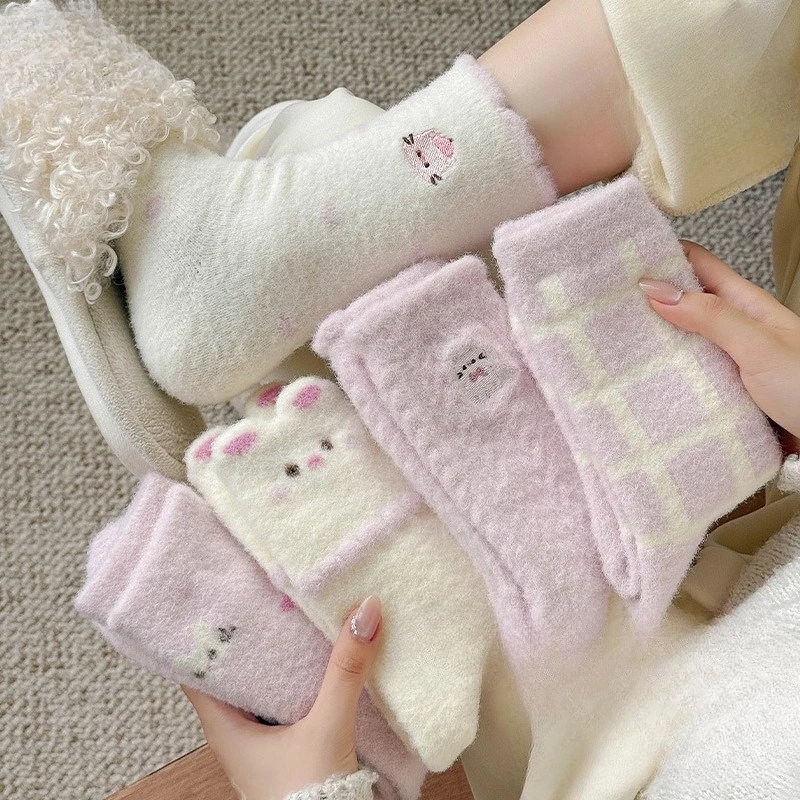 Autumn Winter Women Thick and Plush Warm Mid Tube Socks Cartoon Cute Three-dimensional Kitten Lady Australian Fleece Socks