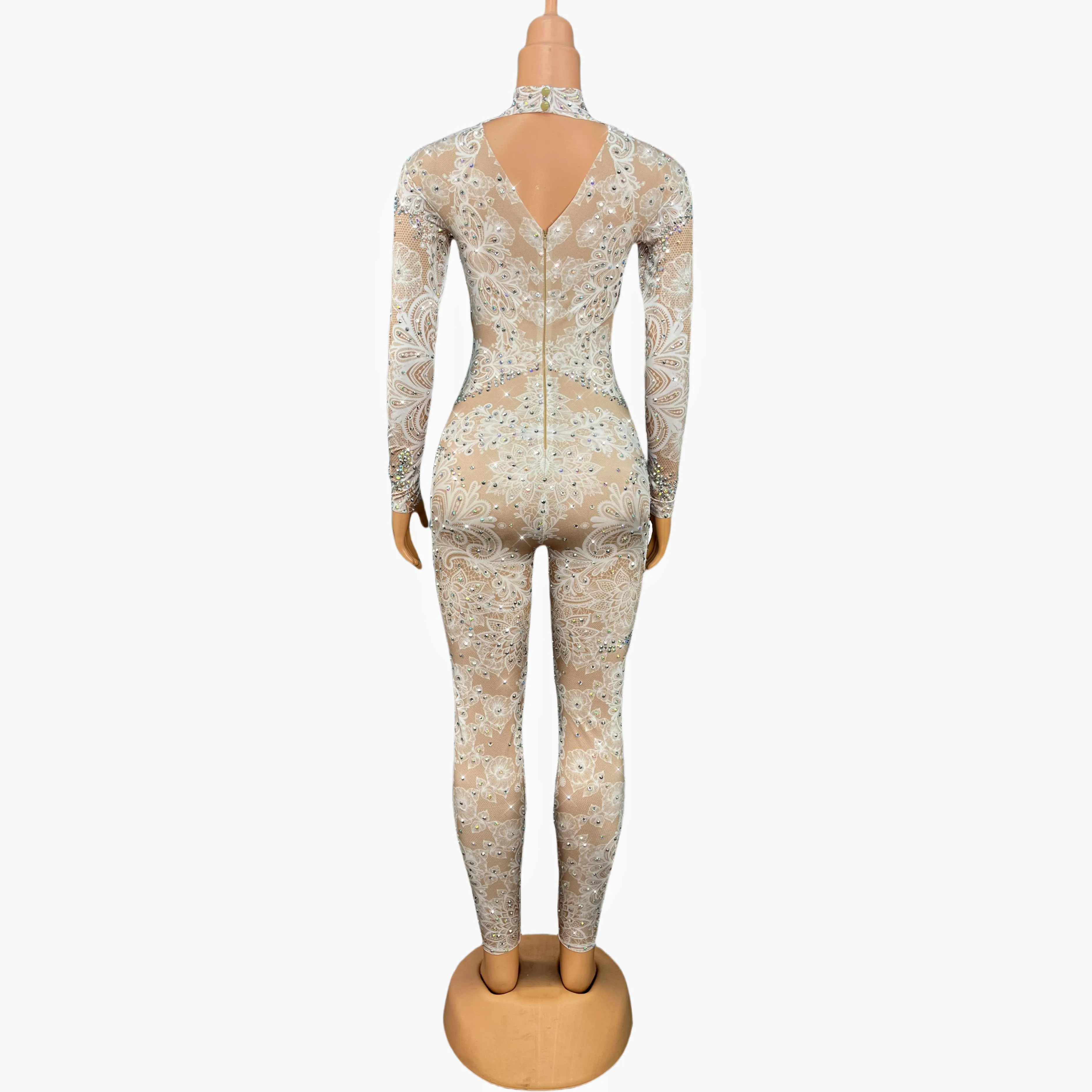 Mono con diamantes de imitación para mujer, mallas elásticas, disfraz Sexy, ropa de fiesta para club nocturno, mono de baile, peleles de moda