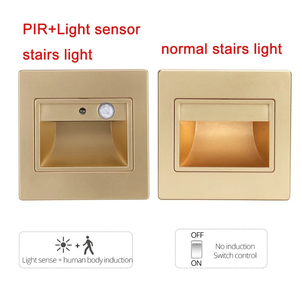 PIR Motion Detector Sensor Stair Light Step Lamp Recessed 1.5w Led Wall Sconce Stairway Corridor Foyer Induction Night Footlight