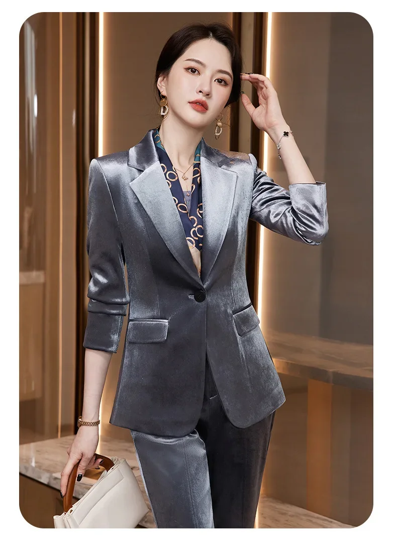 Velvet Formal Women Suit Pants Set Jacket+Trouser 2-Piece High Quality Korean Female Autumn Winter Shiny Warm Work Wear Coat