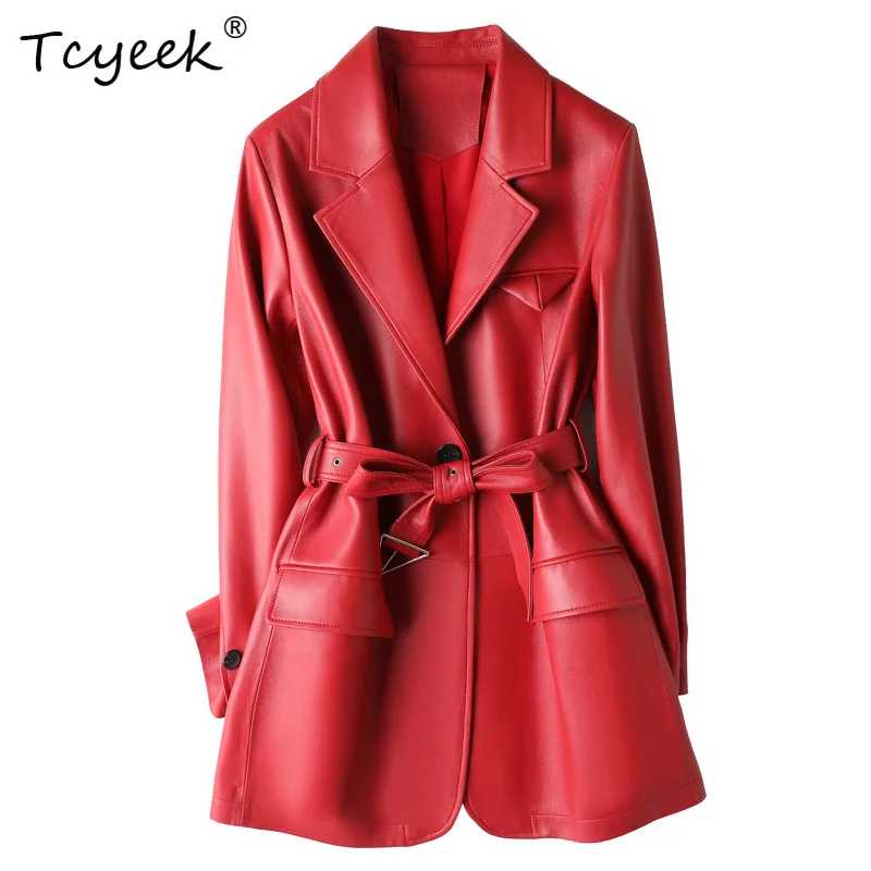 Tcyeek Strato superiore di pelle di pecora Primavera Autunno di media lunghezza Colletto del vestito Giacca da donna in vera pelle alla moda Ж Dönishiжаusus Куртка