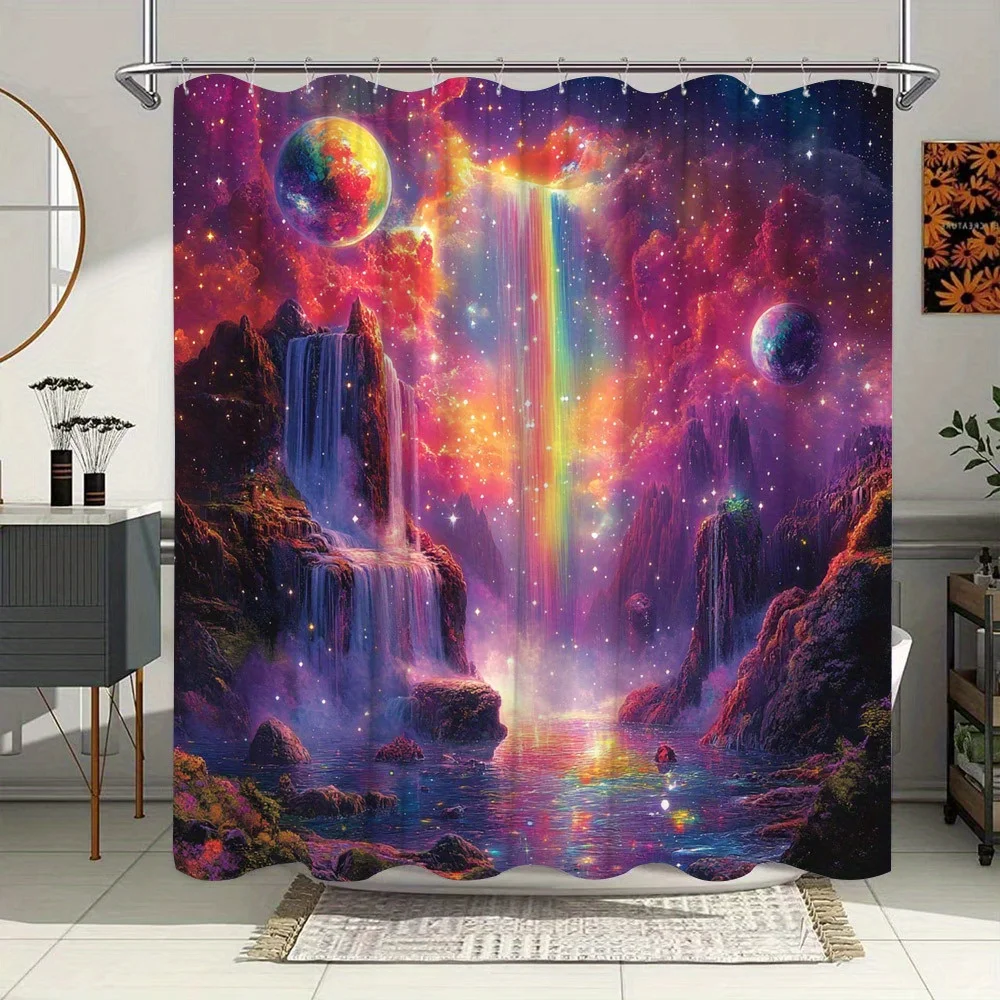 Cortina de ducha de cascada cósmica: cielo estrellado y planetas coloridos, diseño de cascada majestuoso, poliéster, arte de fantasía surrealista