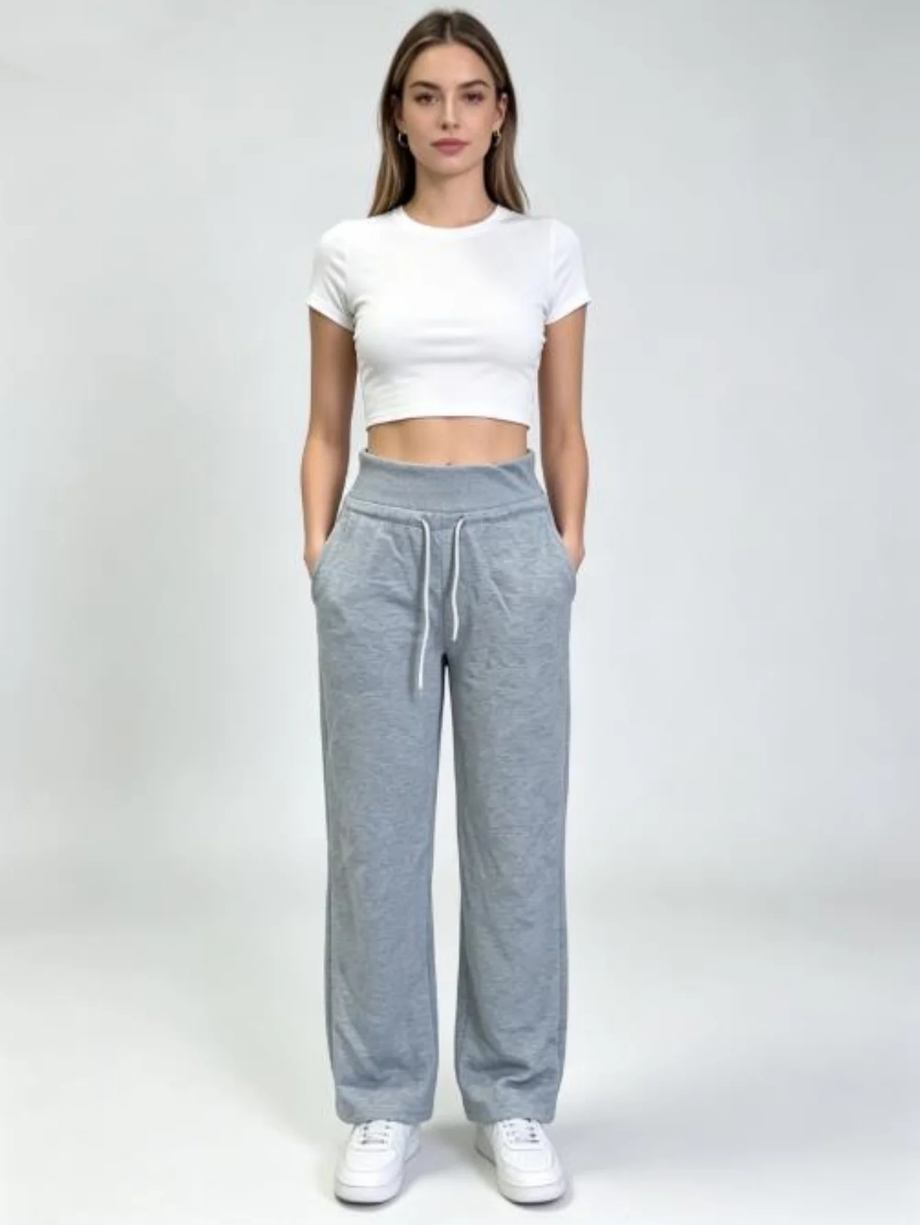 Damen-Sweatpants mit hoher Taille, weitem Bein und Kordelzug, in Grau meliert, weiche Stretch-Cargohose mit Taschen, Lounge-Hose – Detail 5
