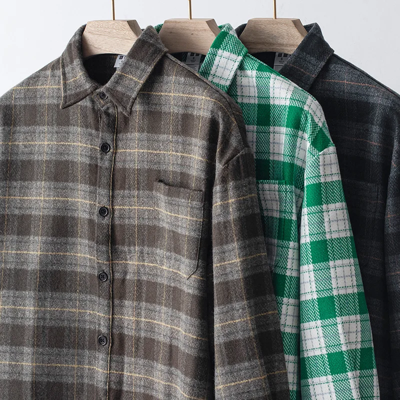 

Thicken Warm Plaid Patchwork Men's Shirt Heavyweight Vintage Literary Loose Long Sleeve Tops Casual Cozy Lapel Handsome Blouses