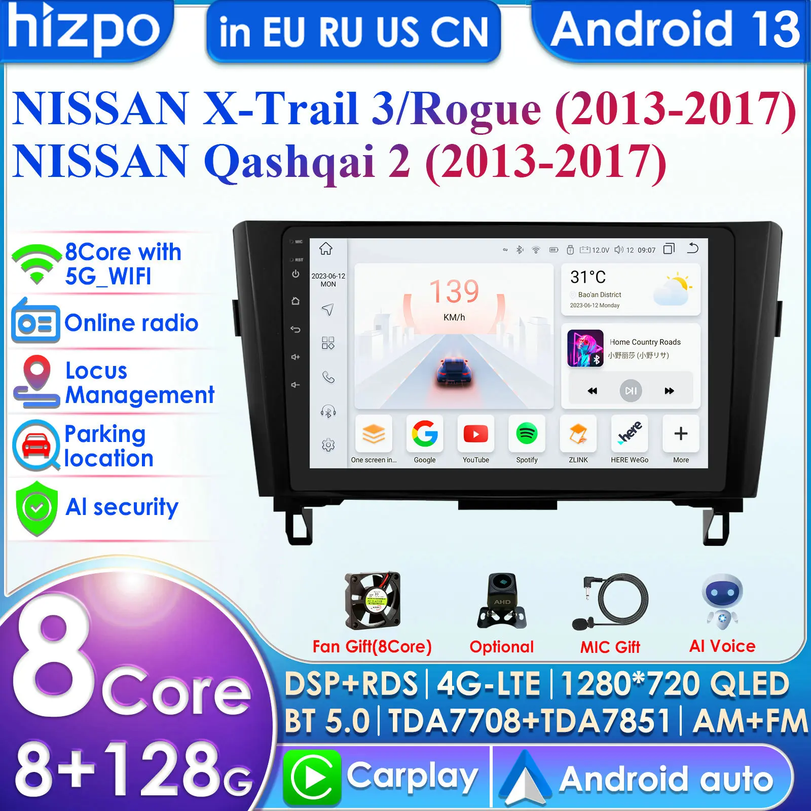 Hizpo 4G 10.1'' AI Intelligent Systems Wireless CarPlay Android Auto Radio for Nissan X-Trail Xtrail X Trail 3 T32 Qashqai 2 J11