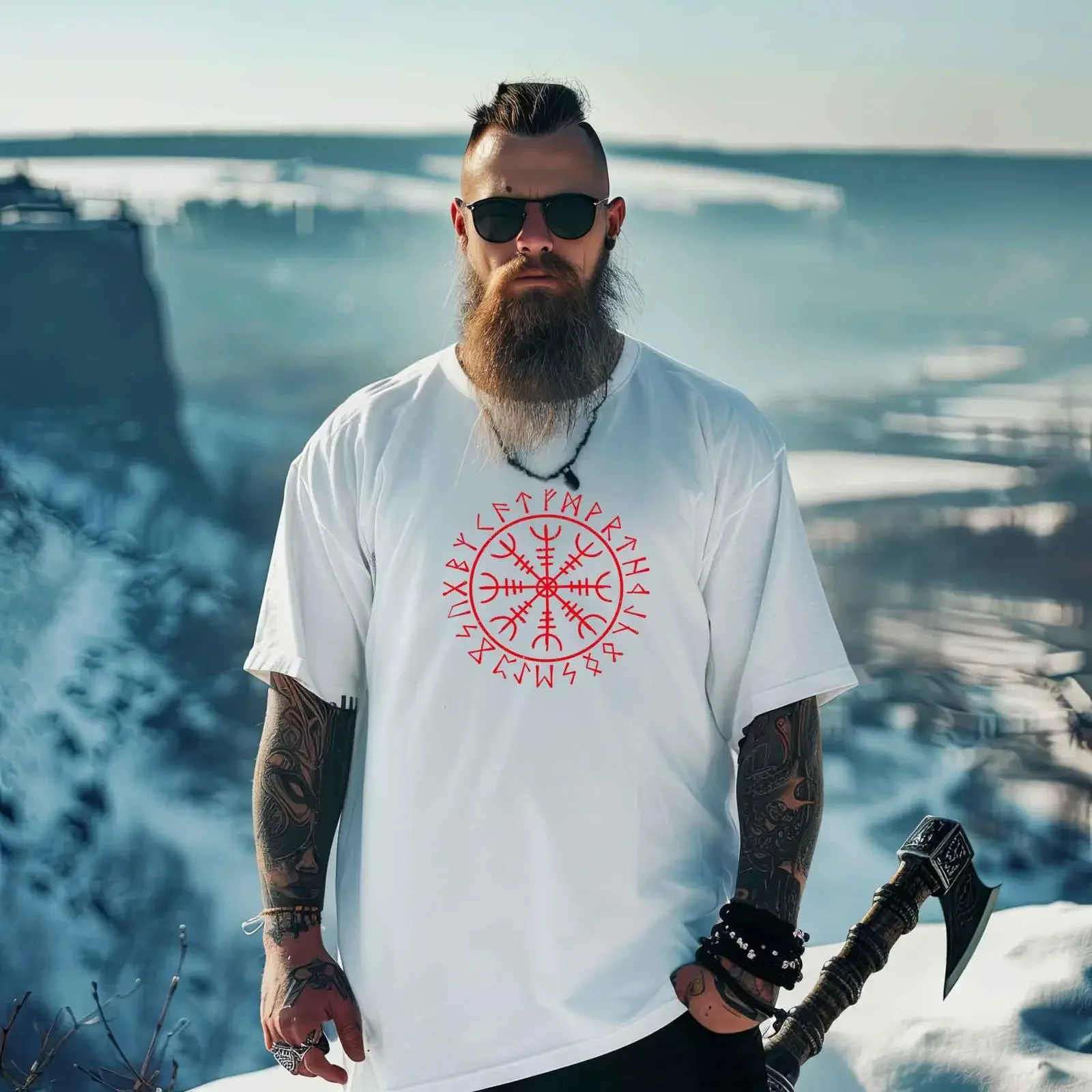 T-shirt Oversize Nordic Helm of Awe – Puissance Viking par les runes – Style vintage délavé streetwear – Élégant, confortable et respirant