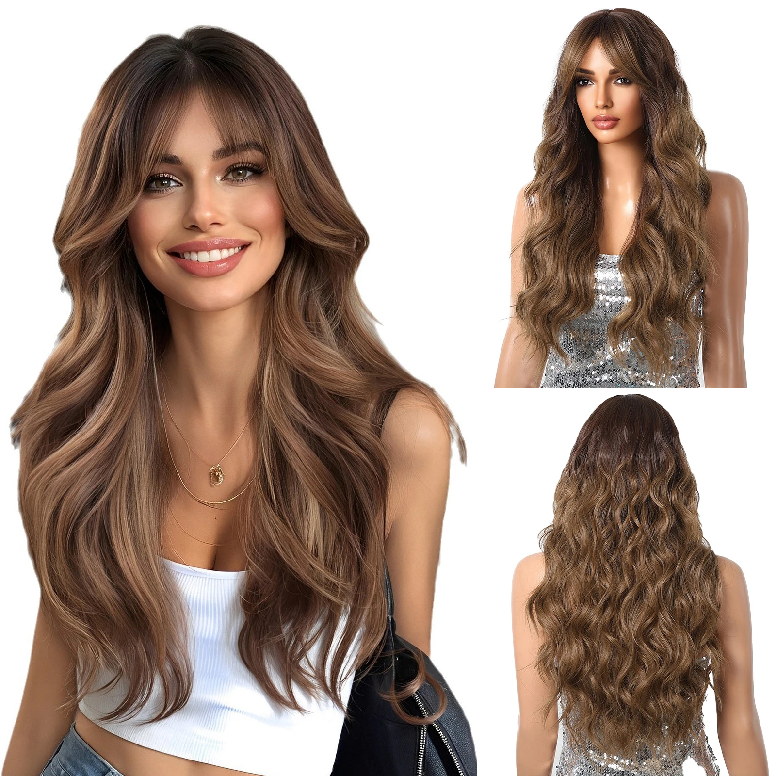 

26-Inch Wavy Synthetic Hair With Highlighted Brown Middle Parted Bangs Is Suitable For Women'S Daily Halloween Party Wigs