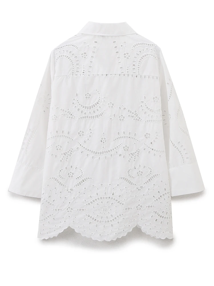 KAOPU ZA Women cutwork embroidery shirt vintage lapel-neck quarter sleeve scalloped hem female blouses blusas chic tops