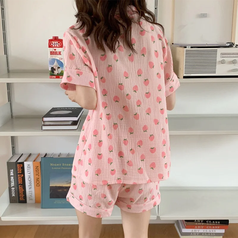 100% Cotton Summer Pajamas Set Women Single Breasted Shirts Tops + Shorts Kawaii Strawberry Pink Sleepwear Casual Home Suit Soft