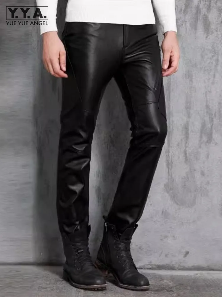 Mens Slim Fit Sheepskin Genuine Leather Pencil Pants Autumn Winter Windproof Motorcycle Riding Pants Long Trousers Punk Pants