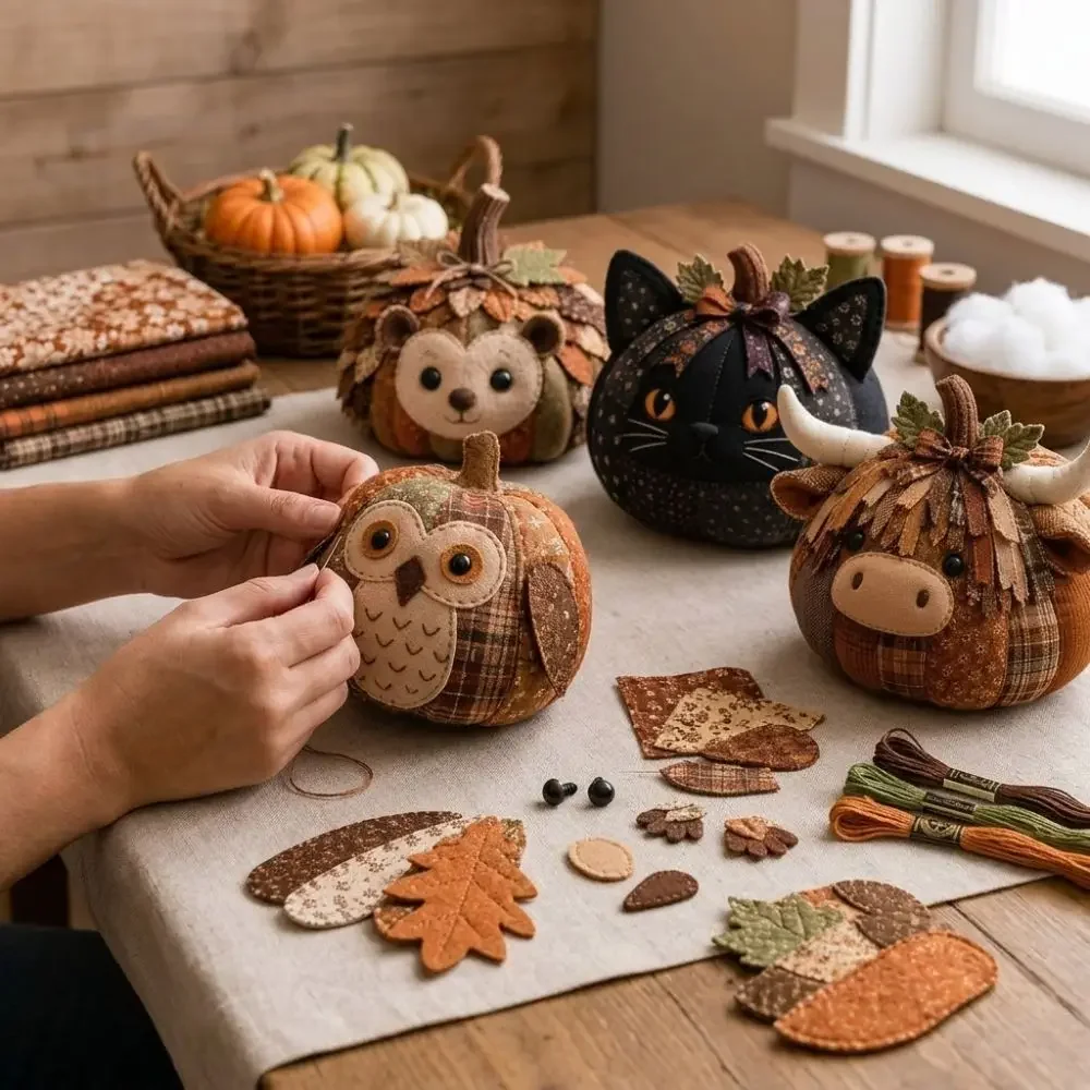 Vintage Style Whimsical Patchwork Pumpkin Fabric Kit Cow Cat Floral Fabric Halloween DIY Sewing Kit Owl Bear Stress Craft Gifts