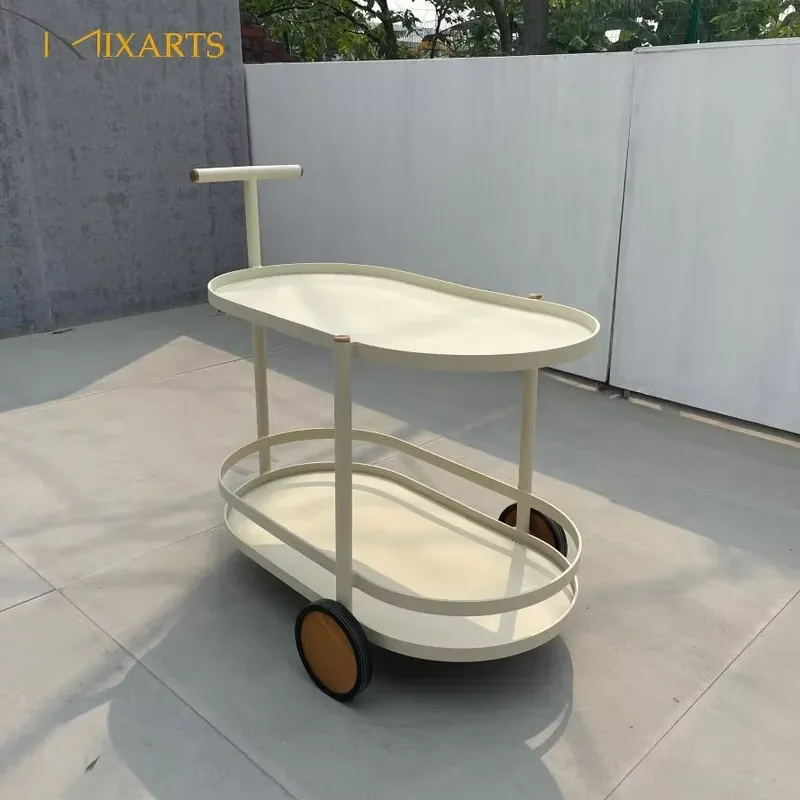 Weather Resistant Teak Wood Side Table with Wheels Mobile Outdoor Furniture Trolley for Garden Patio Cafe Resort Use Rolling