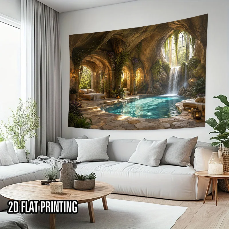 Luxurious 2D Printed Polyester Tapestry Wall Art Jungle Waterfall Cave Nature Mural Decor Panel Tropical Fantasy Home Decoration