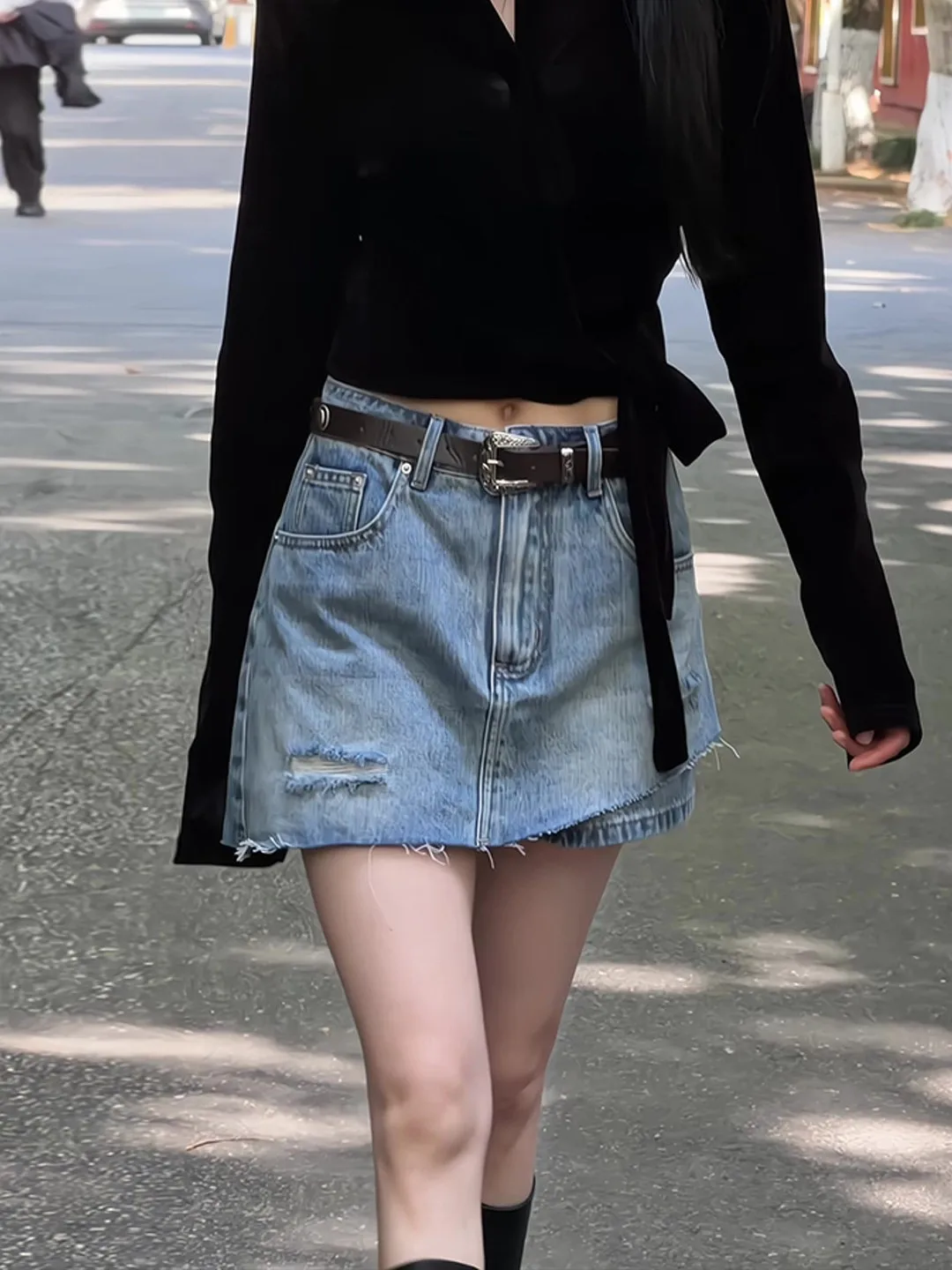 

Blue High-Waist A-Line Denim Shorts Women's Summer Versatile Hole Design Hot Pants Half-Skirt Pants Casual Cotton Blend