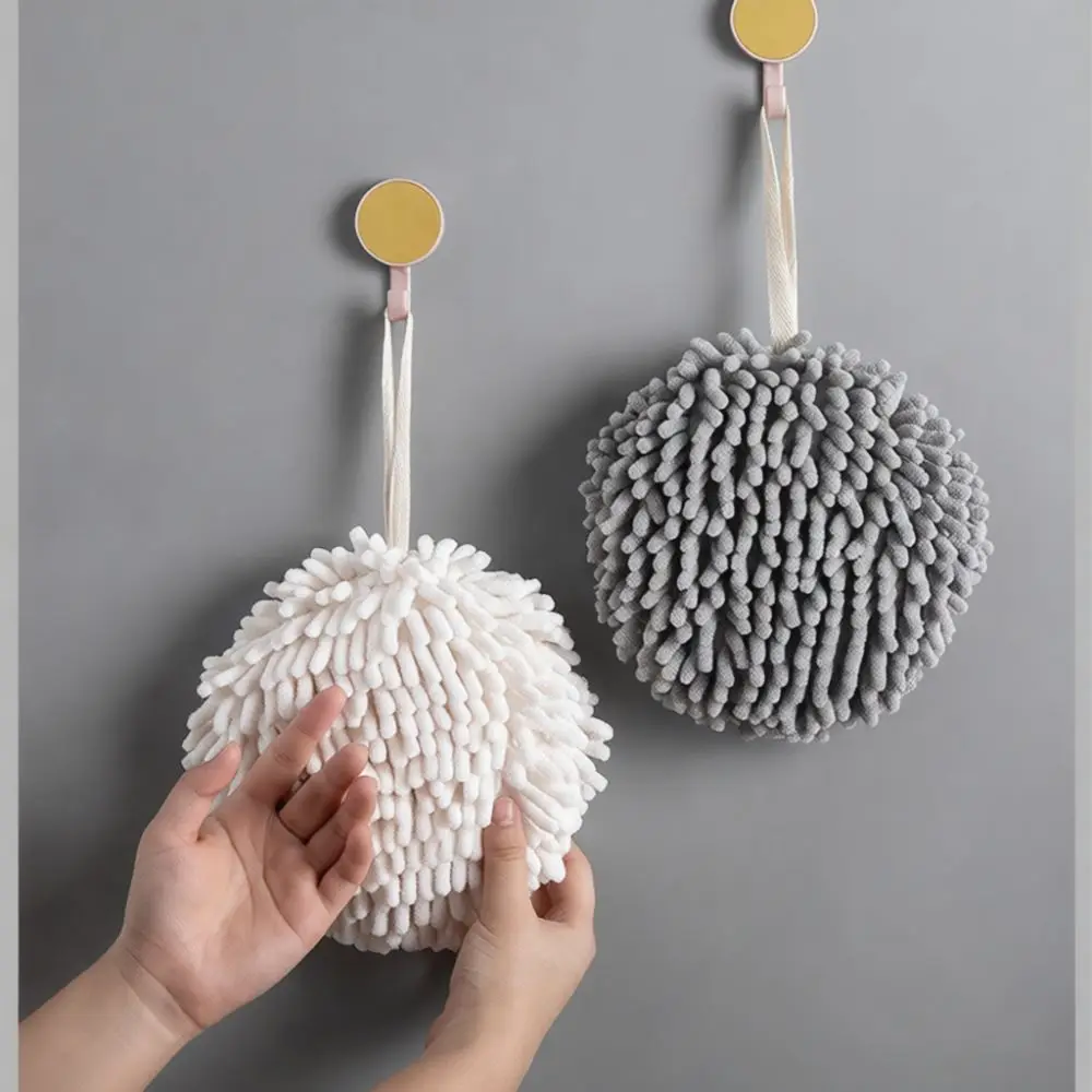 Washable Chenille Hand Towel Ball Quick Dry Absorbent Hanging Cleaning Rag Kitchen Bathroom Household Accessory White Grey