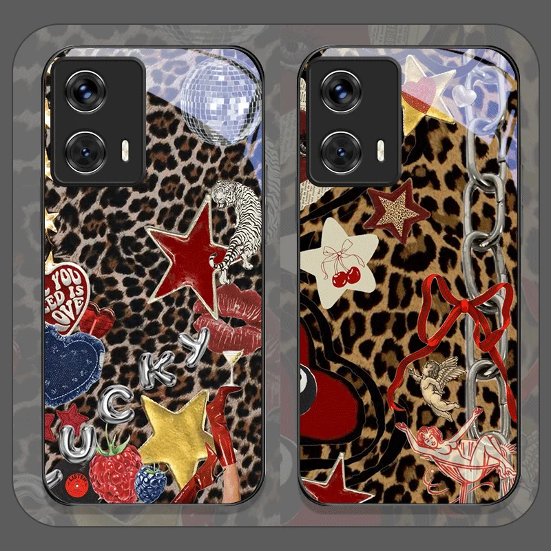 Чехол из закаленного стекла с клубничным бантом и леопардовым принтом для Motorola Moto Edge 50 Fusion 40 Neo 30 Pro G85 G84 G35 G55 G04, чехлы